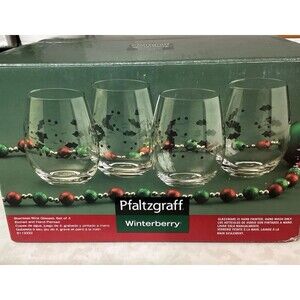 4 Pfaltzgraff WINTERBERRY HAND PAINTED 5" STEMLESS WINE GLASSES  *NEW IN BOX*